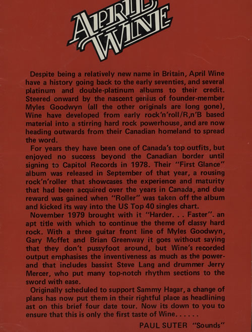 April Wine 1980 Tour tour programme UK APWTRTO575448