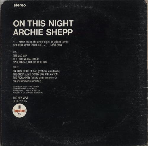 Archie Shepp On This Night vinyl LP album (LP record) US AS0LPON866077