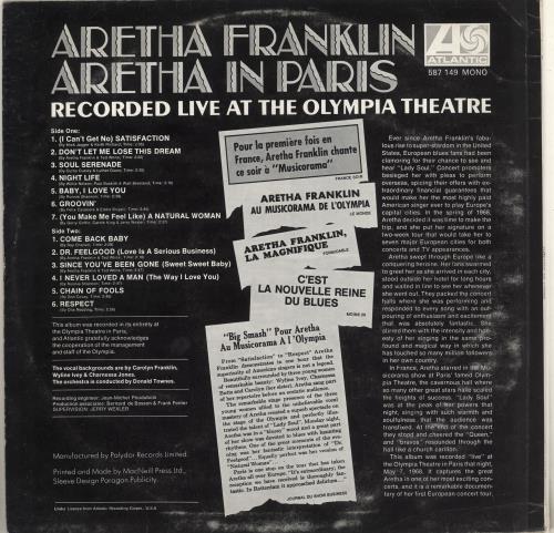 Aretha Franklin Aretha In Paris vinyl LP album (LP record) UK ARELPAR281705