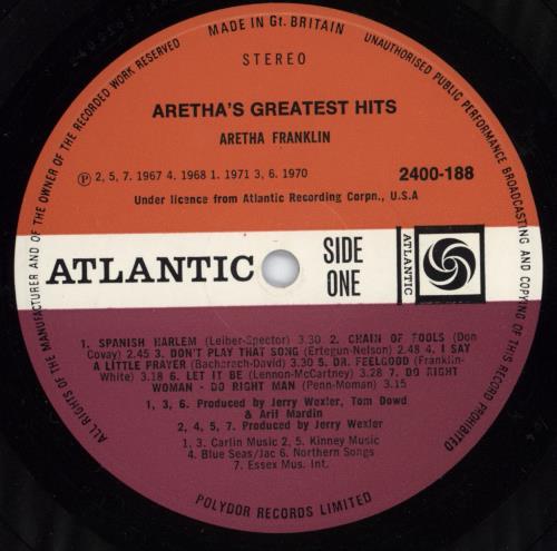 Aretha Franklin Aretha's Greatest Hits vinyl LP album (LP record) UK ARELPAR519660