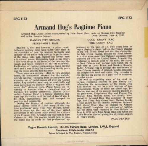 Armand Hug Armand Hug's Ragtime Piano 7" vinyl single (7 inch record / 45) UK 64W07AR887821
