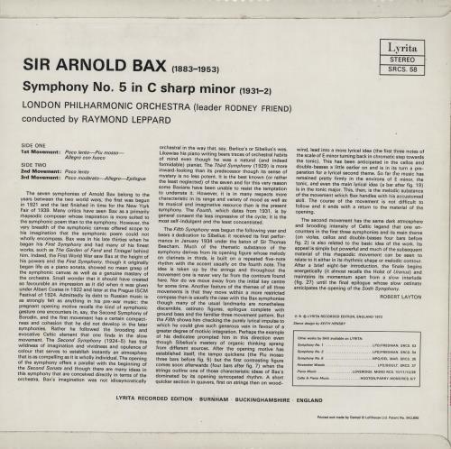 Arnold Bax Symphony No. 5 vinyl LP album (LP record) UK B1OLPSY763462