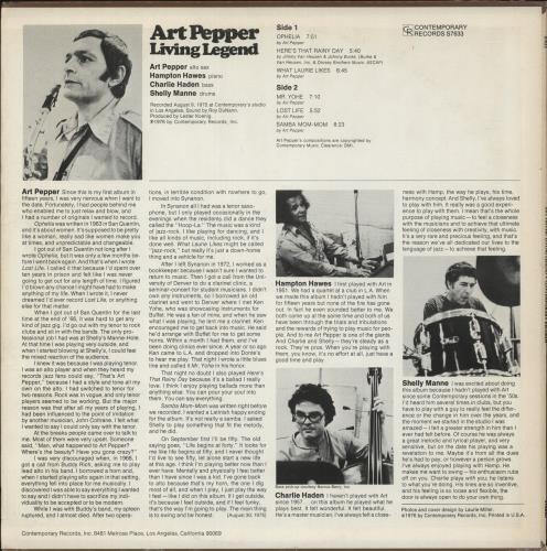 Art Pepper Living Legend vinyl LP album (LP record) US A/PLPLI556050