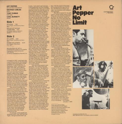 Art Pepper No Limit vinyl LP album (LP record) US A/PLPNO532692