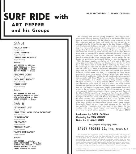 Art Pepper Surf Ride - Original Jazz Classics Series - 180 Gram Black Vinyl - Sealed vinyl LP album (LP record) US A/PLPSU878938