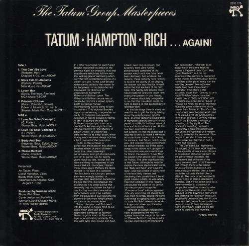 Art Tatum The Tatum Group Masterpieces - Hampton, Rich... Again! vinyl LP album (LP record) US AT4LPTH780880