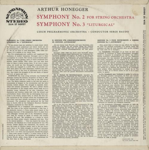 Arthur Honegger Symphonies No. 2 And No. 3 vinyl LP album (LP record) Czech HFELPSY760063