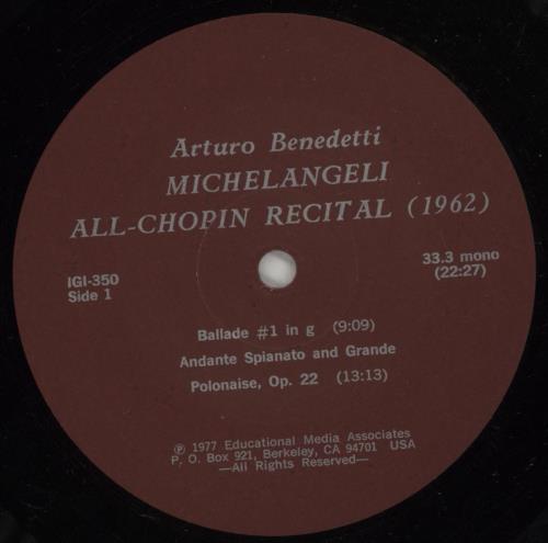 Arturo Benedetti Michelangeli All-Chopin Recital 2-LP vinyl record set (Double LP Album) US A322LAL868399