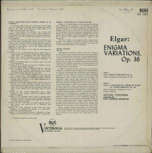 Arturo Toscanini Elgar: Enigma Variations, Op. 36 / Brahms: Variations On A Theme By Haydn vinyl LP album (LP record) UK A35LPEL651368