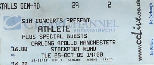 Athlete Carling Apollo, Manchester concert ticket UK ATETICA368190
