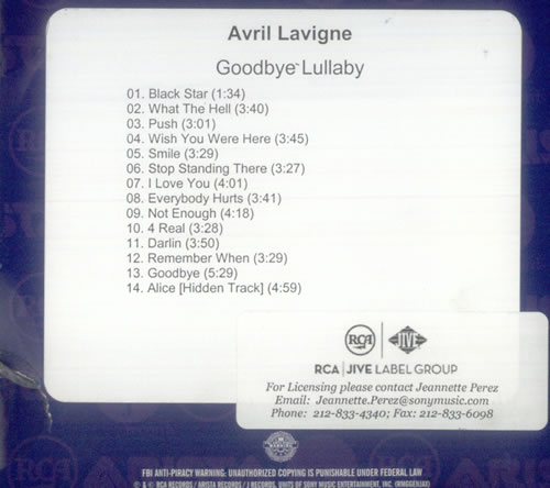 Avril Lavigne Goodbye Lullaby CD-R acetate US AVVCRGO542300