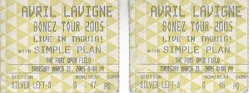 Avril Lavigne Used Ticket Stub concert ticket Philippino AVVTIUS367828