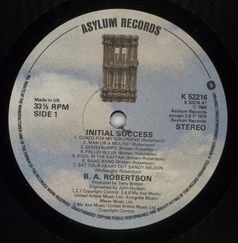 B. A. Robertson Initial Success vinyl LP album (LP record) UK BC8LPIN358659
