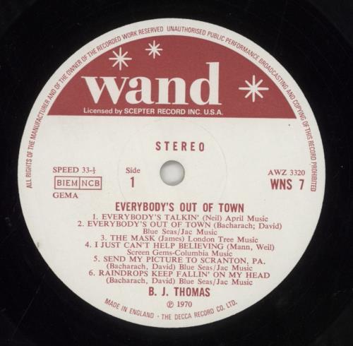 B.J. Thomas Everybody's Out Of Town vinyl LP album (LP record) UK BJTLPEV857826