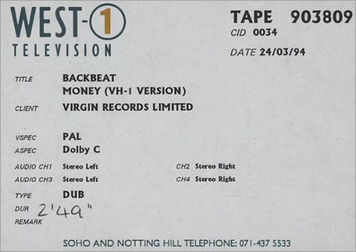 Backbeat Money - Vh1 Version - Betacam Master video (VHS or PAL or NTSC) UK BBTVIMO102916