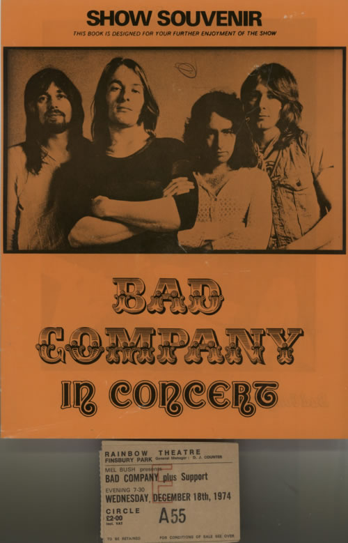 Bad Company 1974 Show Souvenir + Ticket stubs tour programme UK BCOTRSH617568