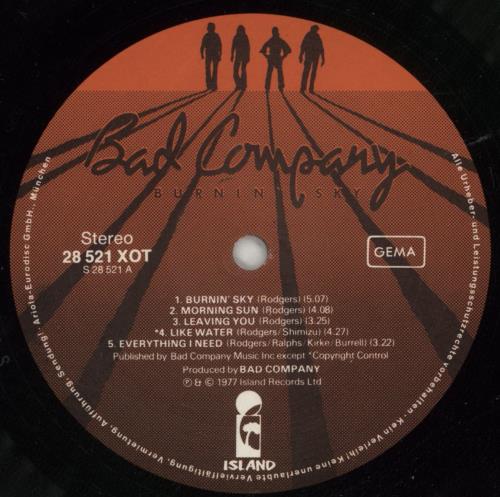 Bad Company Burnin' Sky vinyl LP album (LP record) German BCOLPBU866452