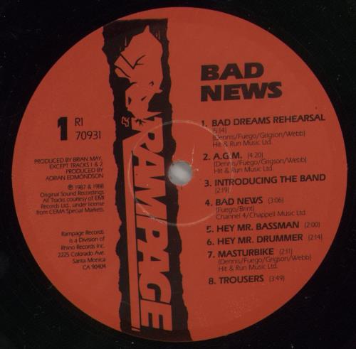 Bad News Bad News vinyl LP album (LP record) US BDNLPBA877056