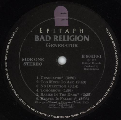 Bad Religion Generator - VG vinyl LP album (LP record) US BDRLPGE881821