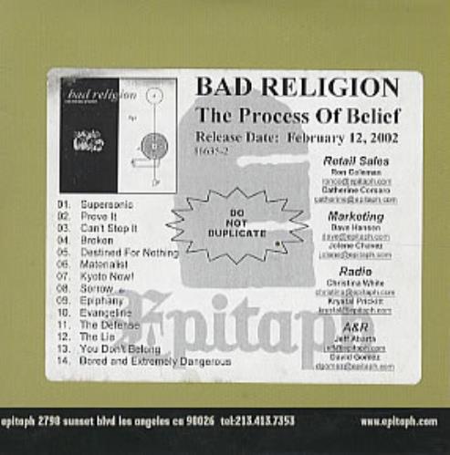 Bad Religion The Process Of Belief CD-R acetate US BDRCRTH304024