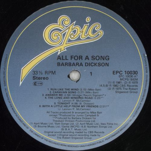 Barbara Dickson All For A Song vinyl LP album (LP record) UK BDKLPAL230181