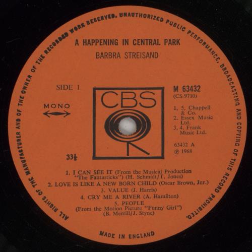 Barbra Streisand A Happening In Central Park vinyl LP album (LP record) UK BARLPAH875698