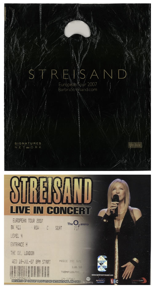 Barbra Streisand European Tour 2007 + ticket stub and carrier bag tour programme UK BARTREU579918