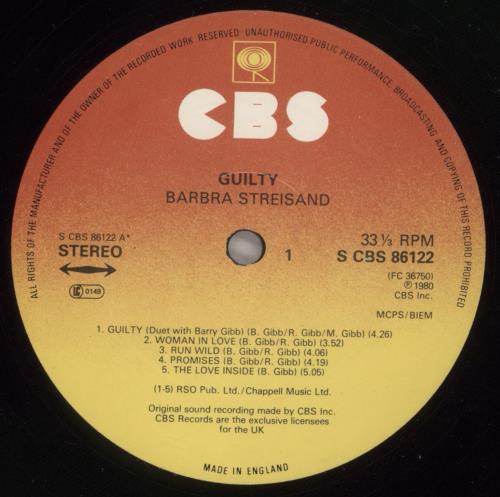 Barbra Streisand Guilty - EX vinyl LP album (LP record) UK BARLPGU889590