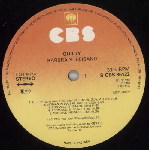 Barbra Streisand Guilty - Stickered Sleeve - EX vinyl LP album (LP record) UK BARLPGU780386