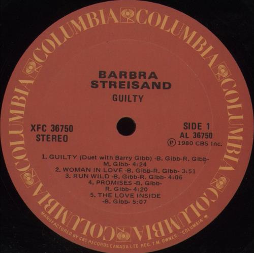 Barbra Streisand Guilty vinyl LP album (LP record) Canadian BARLPGU317229