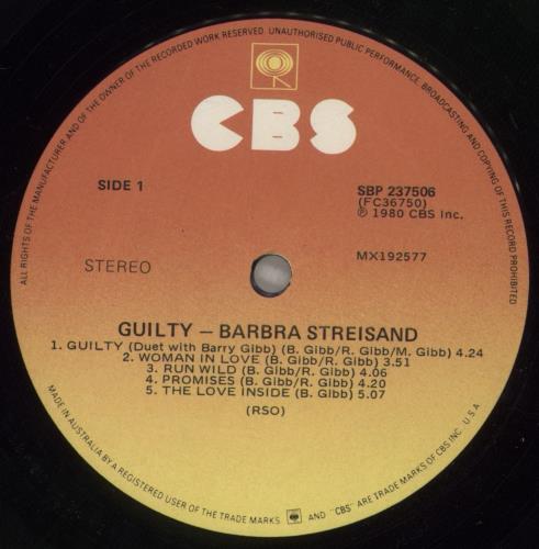 Barbra Streisand Guilty vinyl LP album (LP record) Australian BARLPGU889739