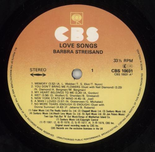 Barbra Streisand Love Songs + Inner vinyl LP album (LP record) UK BARLPLO878632