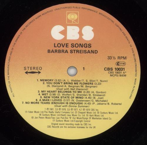 Barbra Streisand Love Songs vinyl LP album (LP record) UK BARLPLO336936