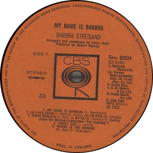 Barbra Streisand My Name Is Barbra vinyl LP album (LP record) UK BARLPMY331279