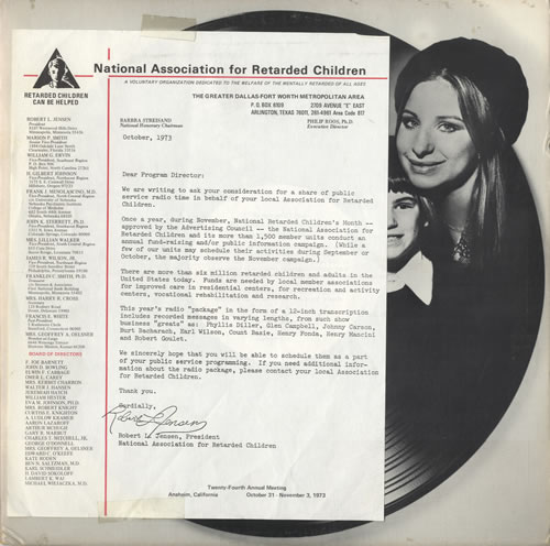 Barbra Streisand National Association For Retarded Children Spot Announcement vinyl LP album (LP record) US BARLPNA467639