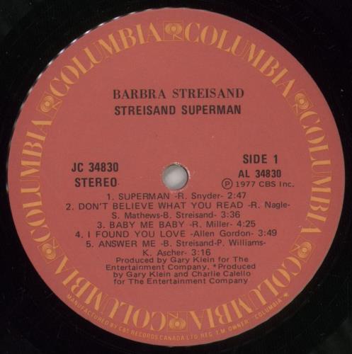 Barbra Streisand Superman vinyl LP album (LP record) Canadian BARLPSU889229