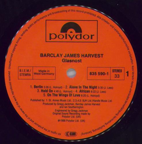 Barclay James Harvest Glasnost vinyl LP album (LP record) German BJHLPGL823519