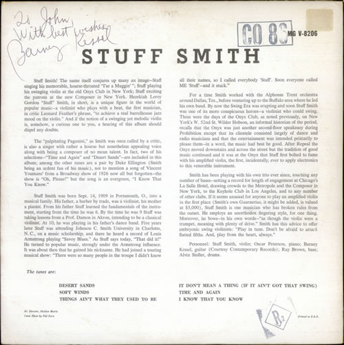 Barney Kessel Autographed 'Stuff Smith' LP vinyl LP album (LP record) US BC0LPAU533771