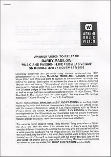 Barry Manilow Music And Passion: Live In Las Vegas DVD US MNLDDMU385354