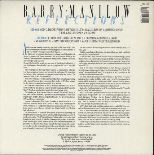 Barry Manilow Reflections vinyl LP album (LP record) UK MNLLPRE874019