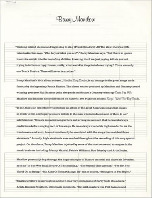 Barry Manilow Sings Sinatra media press pack US MNLPPSI128283