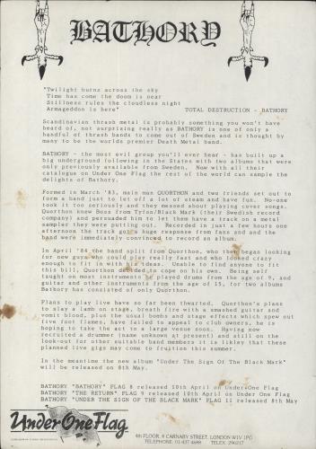 Bathory Bathory + PR Sheet vinyl LP album (LP record) UK E07LPBA851278