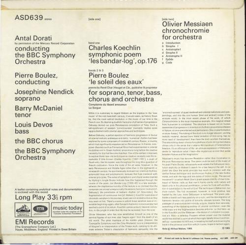 BBC Symphony Orchestra Le Soleil Des Eaux / Chronochromie / Les Bandar-Log vinyl LP album (LP record) UK B6ZLPLE482086