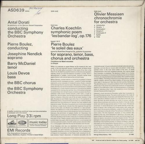 BBC Symphony Orchestra Le Soleil Des Eaux / Chronochromie / Les Bandar-Log vinyl LP album (LP record) UK B6ZLPLE879935