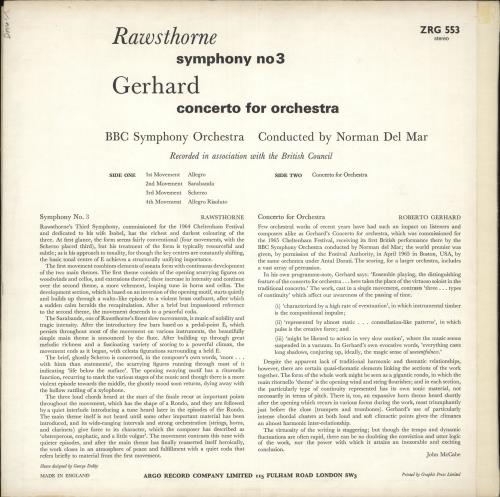 BBC Symphony Orchestra Rawsthorne: Symphony No. 3 / Gerhard: Concerto For Orchestra vinyl LP album (LP record) UK B6ZLPRA717374