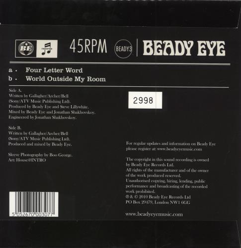 Beady Eye Four Letter Word - Numbered Sleeve 7" vinyl single (7 inch record / 45) UK B8A07FO780972