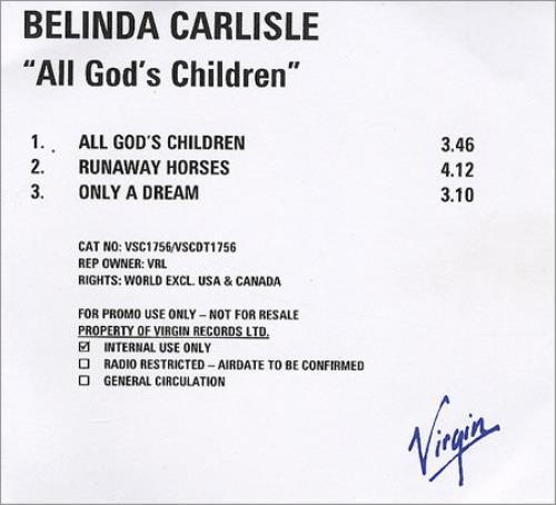 Belinda Carlisle All God's Children - 3-trk CD-R acetate UK CARCRAL150046