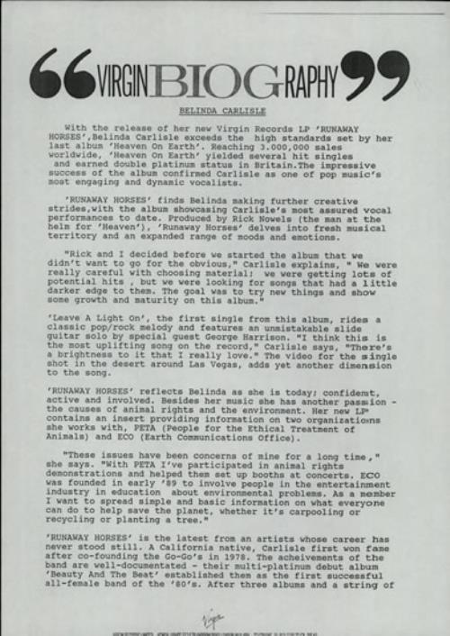 Belinda Carlisle Runaway Horses media press pack UK CARPPRU590928