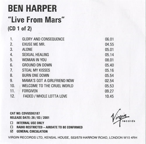 Ben Harper Live From Mars CD-R acetate UK BHPCRLI182209
