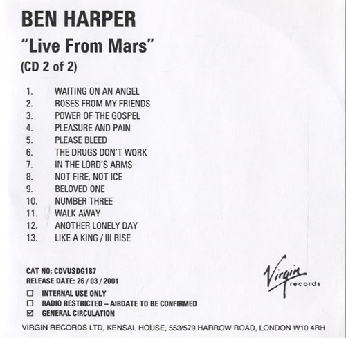 Ben Harper Live From Mars CD-R acetate UK BHPCRLI182209